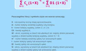 Wzór finansowy z symbolem RRSO, opisujący oprocentowanie kredytu i spłat.