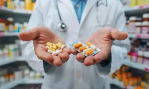 Farmaceuta pokazuje leki w dłoniach, sugerując możliwość refundacji.