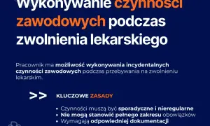 Wytyczne dotyczące wykonywania czynności zawodowych podczas zwolnienia lekarskiego. Kluczowe zasady: sporadyczność, nieregularność, brak pełnego zakresu obowiązków, dokumentacja.