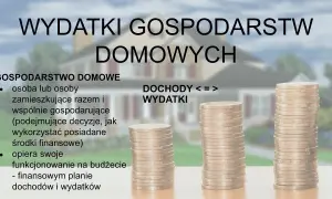 Wydatki gospodarstw domowych, dochody i wydatki. Stosy monet symbolizują finansową stabilność lub jej brak, co może być związane z recesją.