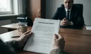 Rozwiązywanie umowy, art. 30 kp. Mężczyzna w garniturze siedzi przy biurku, trzymając dokument.