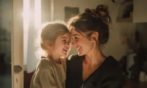 Uśmiechnięta mama i córka, przykład osoby samotnie wychowującej dziecko, cieszą się chwilą bliskości.