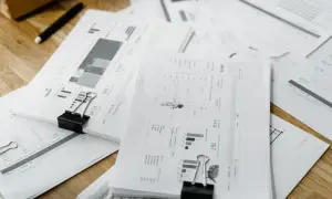 Stosy dokumentów z wykresami i danymi. Na jednym z nich widać "8000 brutto" i procenty, jak 11.0%.