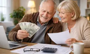 Uśmiechnięci seniorzy przeglądają dokumenty i pieniądze, ciesząc się z otrzymanego dofinansowania PFRON.