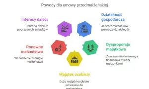 Diagram przedstawia powody zawarcia intercyzy: interesy dzieci, ponowne małżeństwo, majątek osobisty, działalność gospodarczą i dysproporcję majątkową.