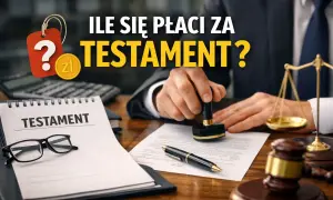 Pytanie o koszt testamentu notarialnego. Na biurku notariusza dokument, pieczęć, waga sprawiedliwości i młotek.