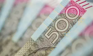 Zbliżenie na banknot 500 zł, czyli popularnego "kosiniaka". Widać fragmenty z cyframi i wzorami.