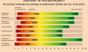 Mediana zarobków w Polsce w korporacjach: od 5000 zł (specjalista ds. zamówień) do 22000 zł (kierownik ds. bankowości/analityki finansowej).