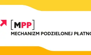 Symbol rozchodzących się strzałek i napis [MPP] MECHANIZM PODZIELONEJ PŁATNOŚCI. Dowiedz się, od jakiej kwoty obowiązuje.