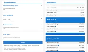 Kalkulator zasiłku macierzyńskiego: urlop macierzyński ile płatny? Obliczenia dla umowy o pracę, 1 dziecko, 2026 r. Wariant A 81,5% i B 100%/70%.