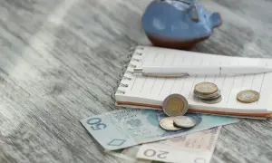Niebieskana świnka-skarbonka, notatnik, długopis i polskie pieniądze. Planowanie wydatków, może na zasiłek okresowy?