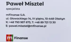 Wizytówka Pawła Misztela, specjalisty mFinanse S.A. z Olsztyna.
