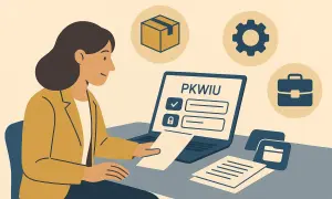 Kobieta przy laptopie z napisem PKWIU uczy się, jak zapłacić podatek. Ikony symbolizują biznes i dokumenty.