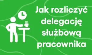 Jak rozliczyć delegację służbową pracownika? Ikona zegara i pracownika przy stoliku z kawą.