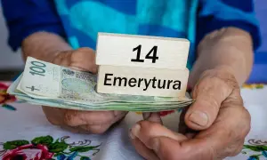 Dłonie trzymają stos banknotów i drewniane klocki z napisami "14" i "Emerytura". Kiedy będą wypłacane czternastki?