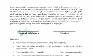 Dokument prawny dotyczący zniesienia współwłasności, z podpisami pełnomocnika i uczestniczki. Wymienione załączniki.
