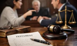 Sąd rozpatruje testament. Na pierwszym planie dokument z napisem "TESTAMENT", obok młotek sędziowski i waga sprawiedliwości.
