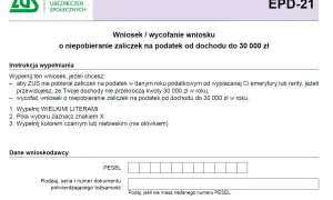 Formularz ZUS EPD-21: wniosek o niepobieranie zaliczek na podatek od dochodu do 30 000 zł. Instrukcja wypełniania i dane wnioskodawcy.