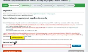 Formularz wniosku o dofinansowanie z urzędu pracy. Wybór adresata wniosku, pole do wpisania nazwy urzędu.