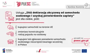Złóż deklarację akcyzową za samochód osobowy online na PUESC. Dotyczy zakupu auta w UE, zmian konstrukcyjnych lub zgłoszenia pojazdu niezarejestrowanego.