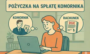 Kobieta szuka pożyczki z komornikiem od ręki, by spłacić rachunki. Myśli o komorniku i zaległych płatnościach.