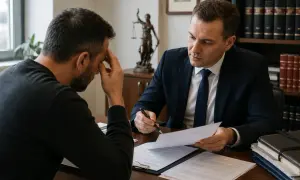 Prawnik pomaga klientowi w przygotowaniu odwołania od decyzji lekarza orzecznika ZUS. Wzór dokumentu na biurku.