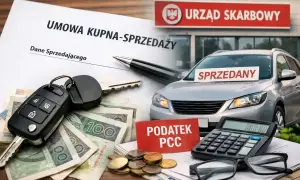 Umowa kupna-sprzedaży auta, kluczyki, pieniądze i kalkulator obok znaku Urzędu Skarbowego. Podatek PCC od kupna samochodu online.