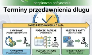 Grafika wyjaśnia terminy przedawnienia długu: chwilówki, pożyczki ratalne i kredyty/karty mają 3 lata na przedawnienie.
