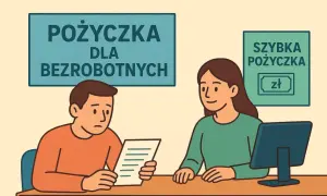 Mężczyzna czyta dokumenty, szukając pożyczki na dowód bez zaświadczeń dla bezrobotnych. Kobieta za biurkiem oferuje szybką pożyczkę.