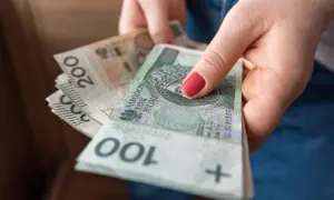 Dłonie trzymają stos polskich banknotów 100 i 200 zł. Może to być przygotowanie do przelewu podatkowego lub innej płatności.