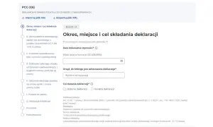 Formularz PCC-3 pdf do wypełnienia: Okres, miejsce i cel składania deklaracji. Wpisz datę, wybierz urząd i cel złożenia.
