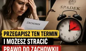Zmartwiona kobieta trzyma dokument "Zachowek". Obok budzik i teczka "Spadek". Uważaj na przedawnienie, by nie stracić prawa do zachowku.