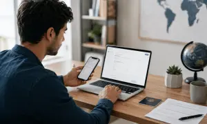 Mężczyzna pracuje przy laptopie, trzymając telefon. Na biurku leży paszport, dokumenty i globus. Może sprawdza swój numer SWIFT.