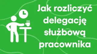 Jak rozliczyć delegację służbową pracownika? Ikona zegara i pracownika przy stoliku z kawą.