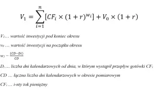 Wzór na wartość inwestycji V1, uwzględniający przepływy pieniężne CFi i stopę zwrotu r.