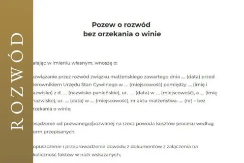 Pozew o rozwód bez orzekania o winie. Dokument zawiera dane dotyczące zawarcia związku małżeńskiego i wniosku o rozwiązanie go.
