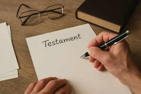 Ręka pisze piórem na kartce z napisem "Testament". Obok leżą okulary i oprawiona księga. To ważny testament allograficzny.