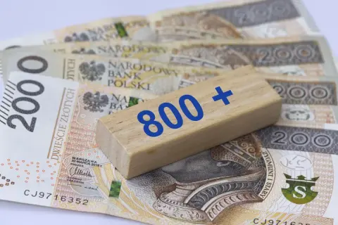 Drewniany klocek z napisem "800+" leży na polskich banknotach 200 zł.