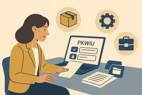 Kobieta przy laptopie z napisem PKWIU uczy się, jak zapłacić podatek. Ikony symbolizują biznes i dokumenty.