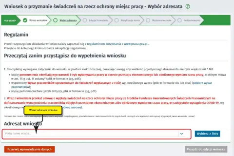 Formularz wniosku o dofinansowanie z urzędu pracy. Wybór adresata wniosku, pole do wpisania nazwy urzędu.