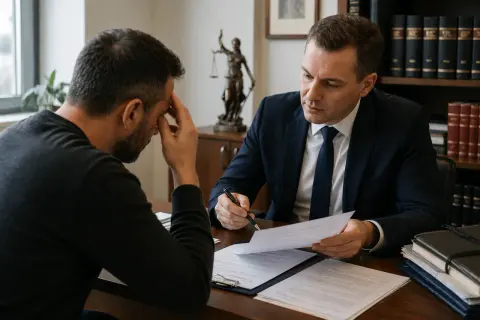 Prawnik pomaga klientowi w przygotowaniu odwołania od decyzji lekarza orzecznika ZUS. Wzór dokumentu na biurku.