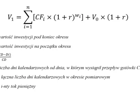 Wzór na wartość inwestycji V1, uwzględniający przepływy pieniężne CFi i stopę zwrotu r.