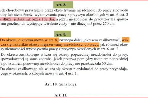 Zasiłek chorobowy przysługuje do 182 dni. Ponowne zwolnienie lekarskie po 182 dniach choroby jest możliwe, gdy przerwa między zwolnieniami nie przekracza 60 dni.