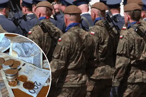 Żołnierze w mundurach i stos banknotów oraz monet. Zastanawiasz się, ile zarabia podporucznik?