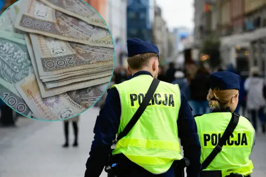 Policjanci w kamizelkach odblaskowych, w tle stos banknotów. Myślą o przyszłości i emeryturze policyjnej.