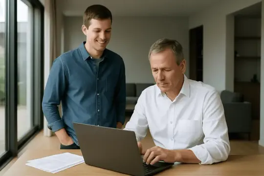 Ojciec i syn omawiają umowę pożyczki w rodzinie, siedząc przy laptopie.