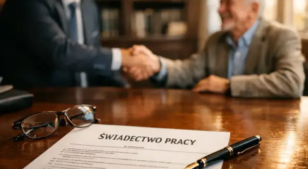 Uścisk dłoni po udanej odprawie emerytalnej. Na stole dokument "Świadectwo pracy", okulary i pióro.