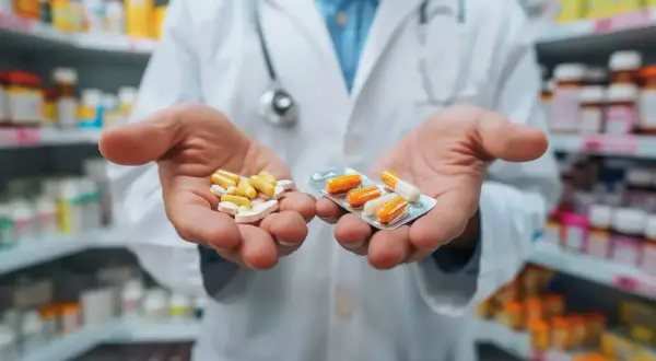 Farmaceuta pokazuje leki w dłoniach, sugerując możliwość refundacji.