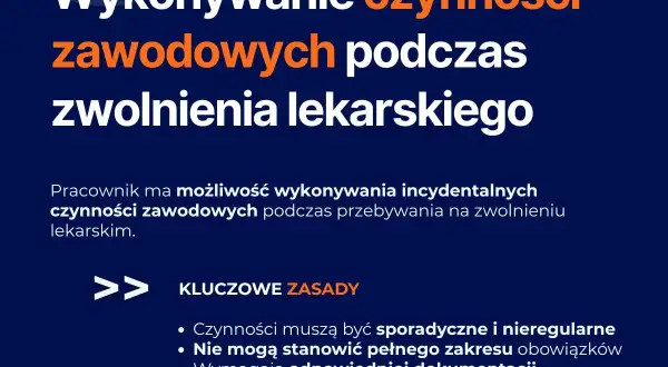 Wytyczne dotyczące wykonywania czynności zawodowych podczas zwolnienia lekarskiego. Kluczowe zasady: sporadyczność, nieregularność, brak pełnego zakresu obowiązków, dokumentacja.