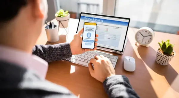 Mężczyzna zatwierdza przelew bankowy na telefonie, korzystając z bankowości online na laptopie.